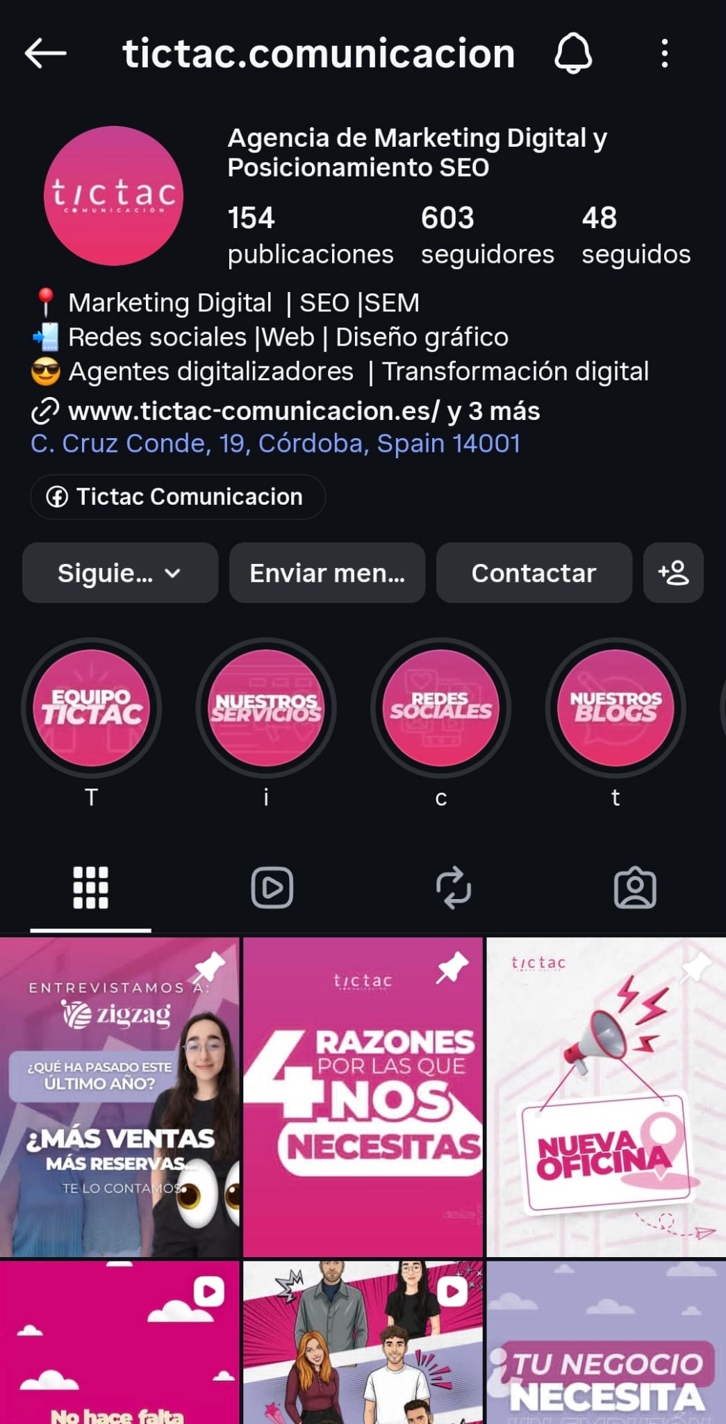 Perfil de Instagram de TicTac Comunicación